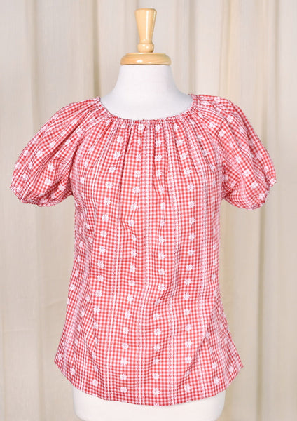 1960s Vintage Red Gingham Peasant Top Cats Like Us