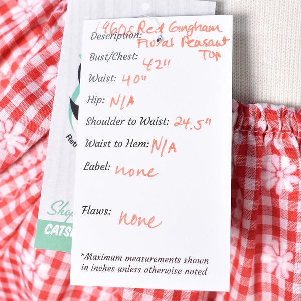 1960s Vintage Red Gingham Peasant Top Cats Like Us
