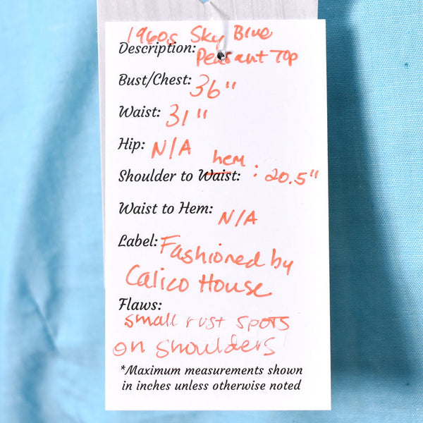 1960s Vintage Sky Blue Peasant Top Cats Like Us