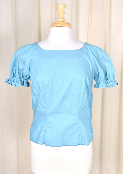 1960s Vintage Sky Blue Peasant Top Cats Like Us
