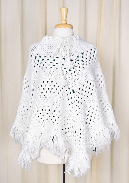 1960s Vintage White Handmade Poncho Cats Like Us