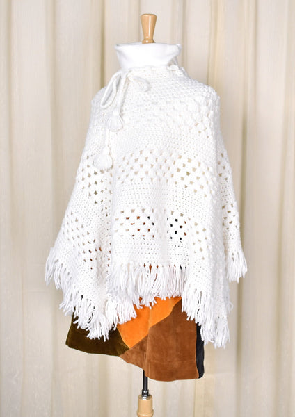 1960s Vintage White Handmade Poncho Cats Like Us