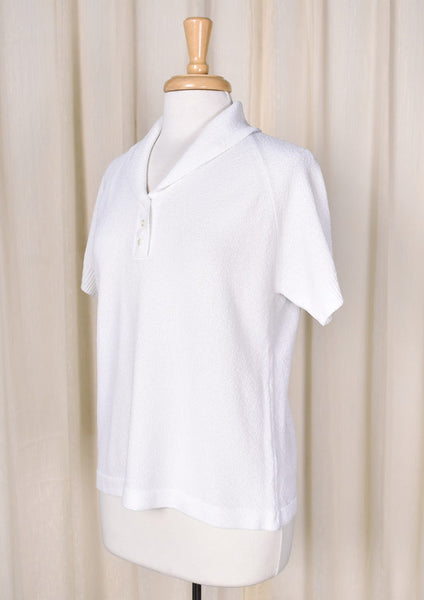 1960s Vintage White Knit SS Polo Top Cats Like Us