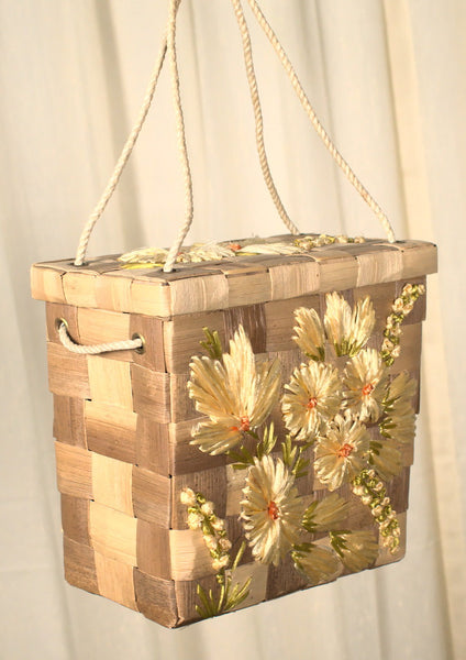 1960s Vintage Yellow Raffia Box Handbag Cats Like Us