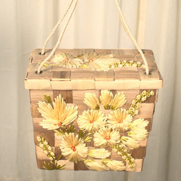 1960s Vintage Yellow Raffia Box Handbag Cats Like Us