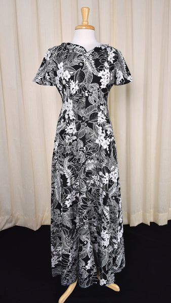 1970s B & W Tropical Maxi Dress Cats Like Us