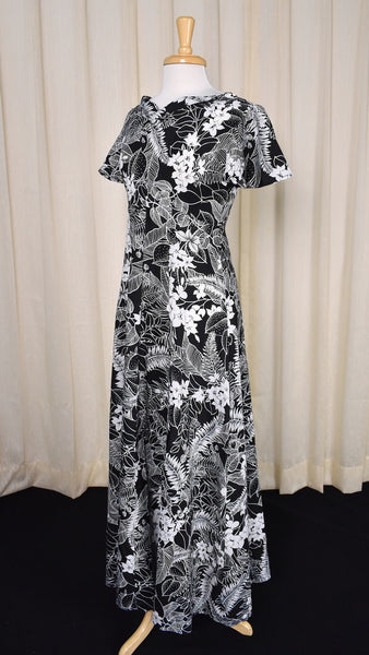1970s B & W Tropical Maxi Dress Cats Like Us