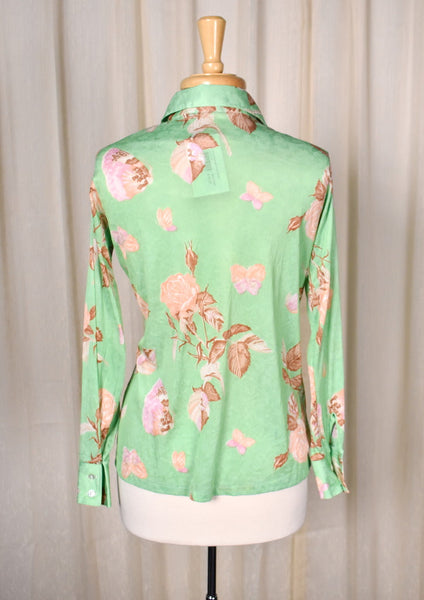 1970s Bright Green Roses Blouse Cats Like Us