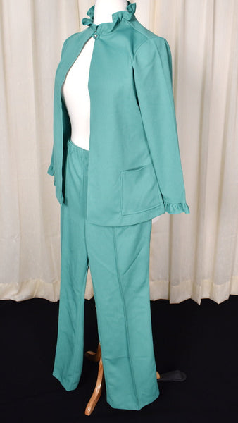 1970s Green Ruffle Pant Suit Cats Like Us