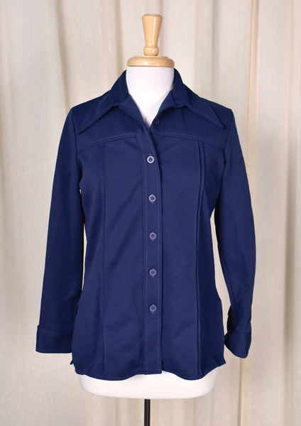 1970s Navy Blue Piped Blouse Cats Like Us
