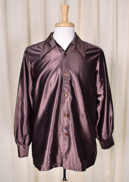 1970s Shiny Brown Vintage Disco Shirt Cats Like Us