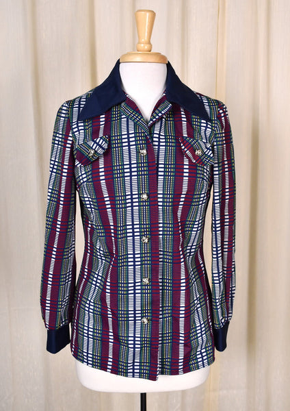 1970s Silver Button Navy Blouse Cats Like Us