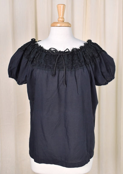 1970s Vintage Black Lace Peasant Top Cats Like Us
