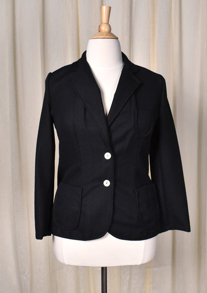 1970s Vintage Black Polyester Blazer Jacket Cats Like Us