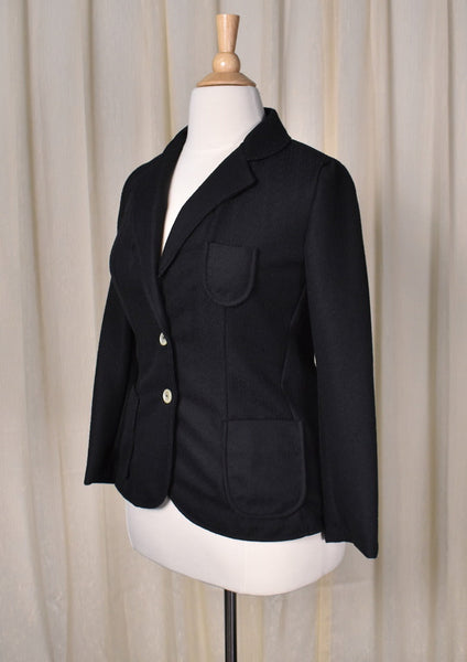 1970s Vintage Black Polyester Blazer Jacket Cats Like Us