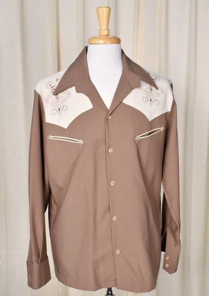 1970s Vintage Brown Emb Western Shirt Cats Like Us