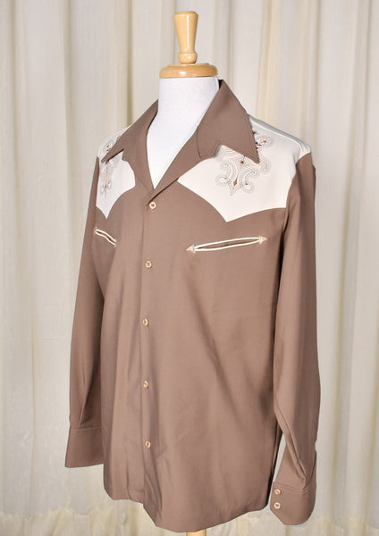 1970s Vintage Brown Emb Western Shirt Cats Like Us