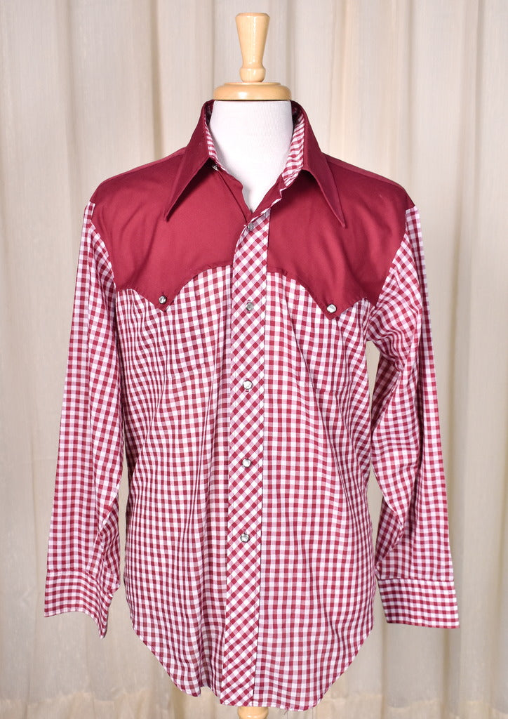1970s Vintage Burgundy Gingham Shirt