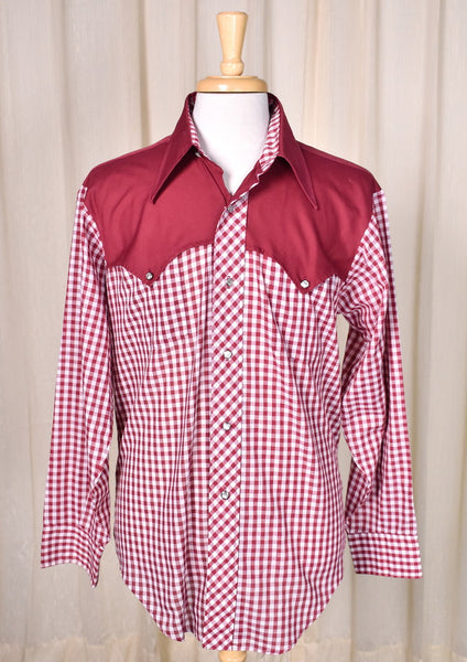 1970s Vintage Burgundy Gingham Shirt Cats Like Us