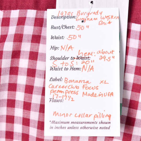 1970s Vintage Burgundy Gingham Shirt Cats Like Us