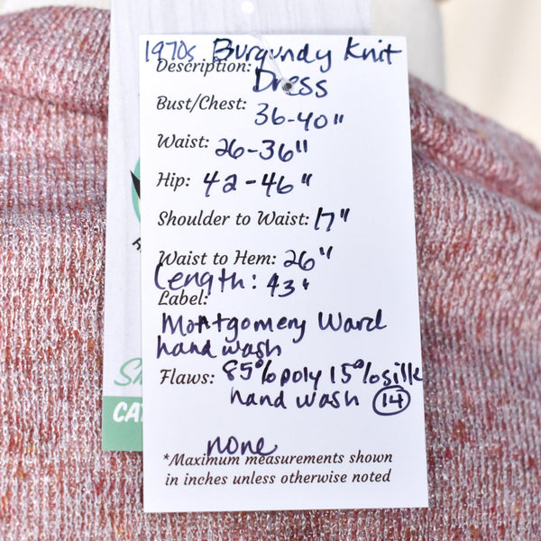 1970s Vintage Burgundy Knit Button Dress Cats Like Us