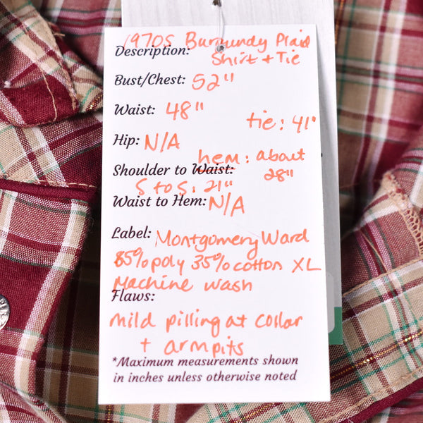 1970s Vintage Burgundy Plaid Shirt with Tie Cats Like Us