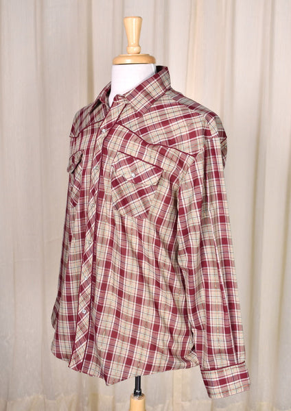 1970s Vintage Burgundy Plaid Shirt with Tie Cats Like Us