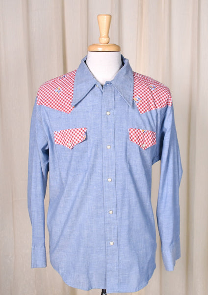 1970s Vintage Denim & Gingham Shirt Cats Like Us