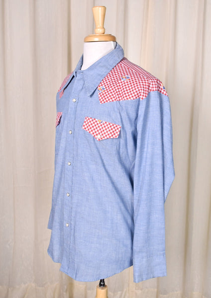 1970s Vintage Denim & Gingham Shirt Cats Like Us