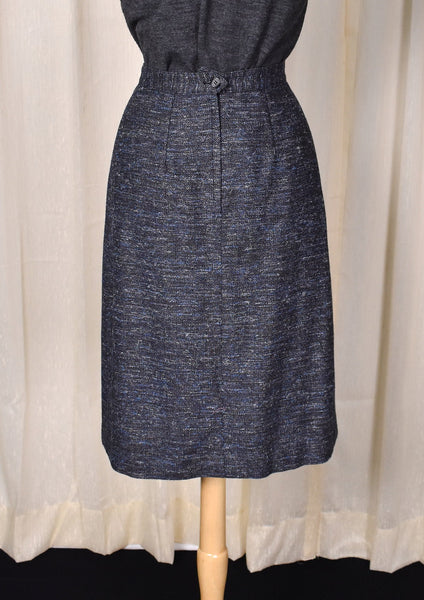 1970s Vintage Gray & Blue Wool Pleat Pencil Skirt Cats Like Us
