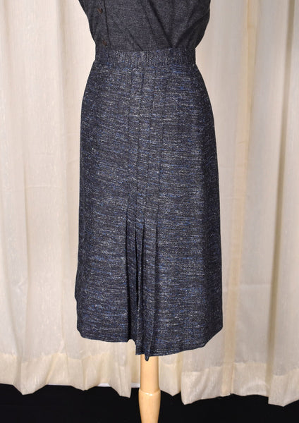 1970s Vintage Gray & Blue Wool Pleat Pencil Skirt Cats Like Us