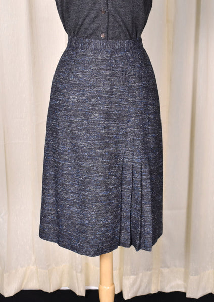1970s Vintage Gray & Blue Wool Pleat Pencil Skirt Cats Like Us
