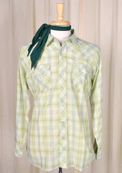 1970s Vintage Lime Plaid Shirt with with Tie Cats Like Us