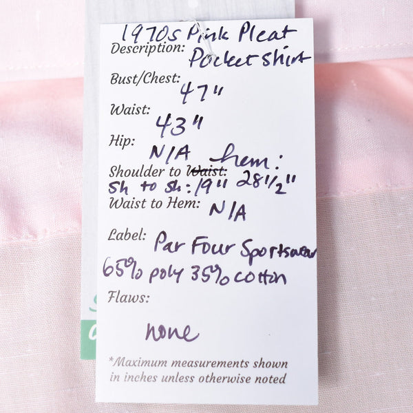 1970s Vintage Pink Pleat Pocket Shirt Cats Like Us