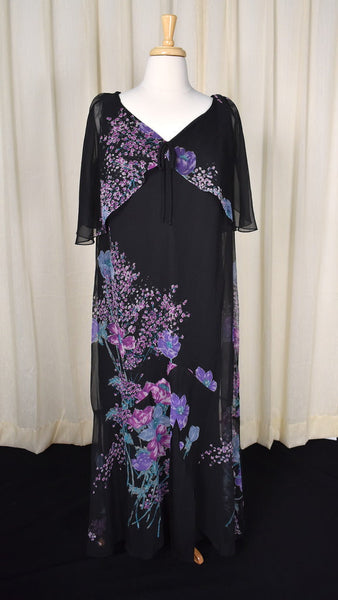 1970s Vintage Purple Flower Flowy Dress Cats Like Us