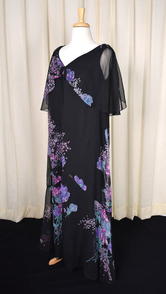 1970s Vintage Purple Flower Flowy Dress Cats Like Us