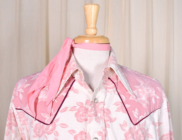 1970s Vintage Roses Western Shirt with Tie Cats Like Us