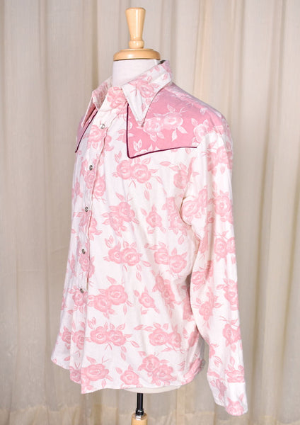 1970s Vintage Roses Western Shirt with Tie Cats Like Us