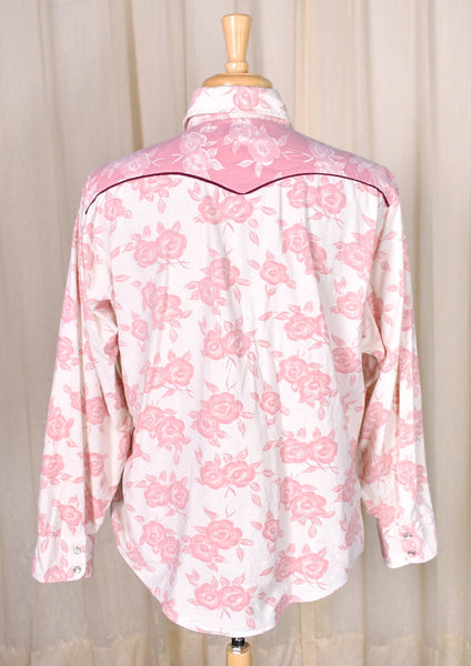 1970s Vintage Roses Western Shirt with Tie Cats Like Us