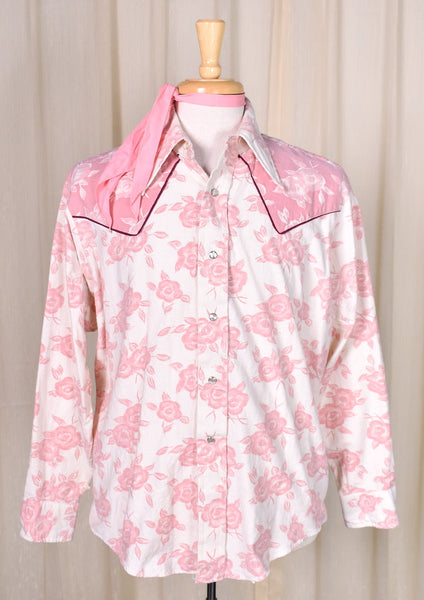 1970s Vintage Roses Western Shirt with Tie Cats Like Us