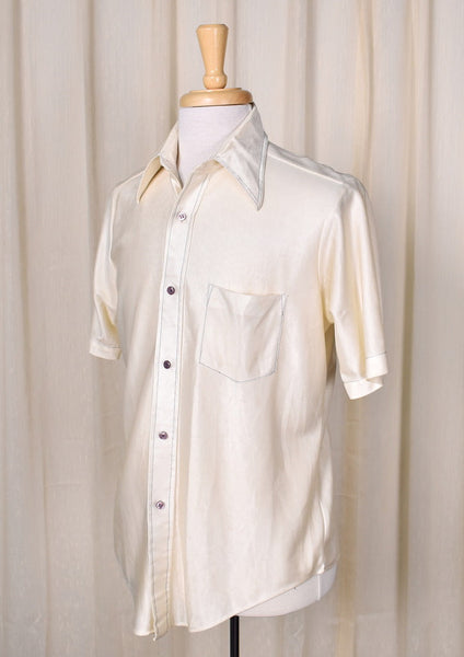 1970s Vintage Shiny Cream Disco Shirt Cats Like Us