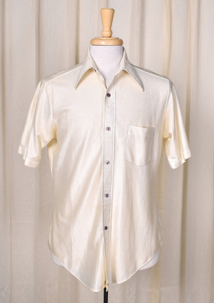1970s Vintage Shiny Cream Disco Shirt Cats Like Us