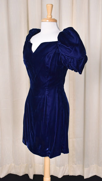 1980s Blue Velvet Puff Dress Cats Like Us