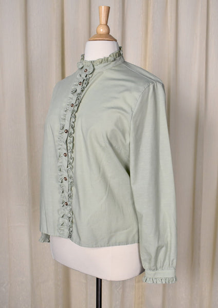 1980s Celery Green Ruffle Blouse Cats Like Us
