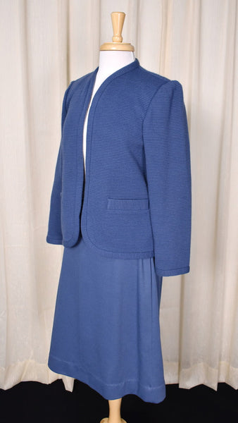 1980s Steel Blue Knit Skirt Set Cats Like Us
