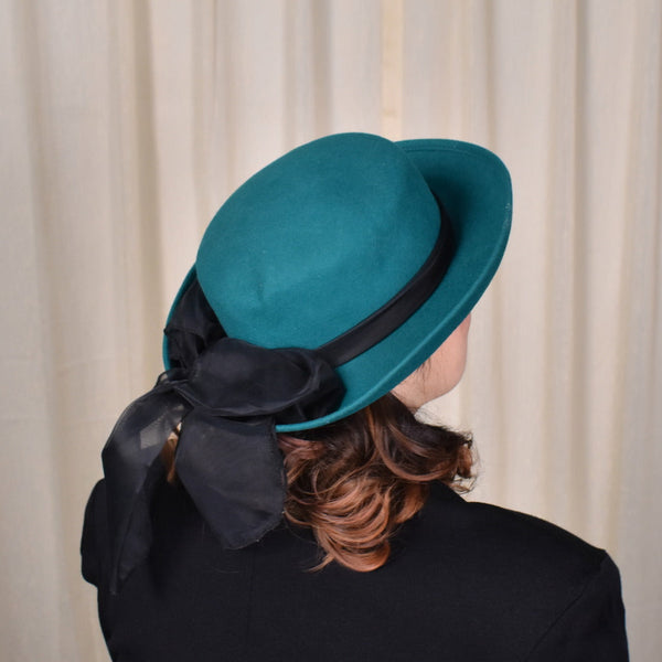 1980s Turquoise Wool Hat with Bow Cats Like Us
