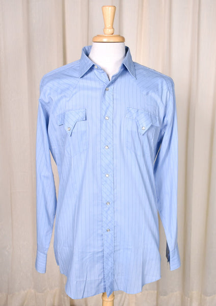 1980s Vintage Blue Stripe Western Shirt Cats Like Us