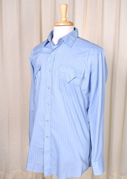 1980s Vintage Blue Stripe Western Shirt Cats Like Us