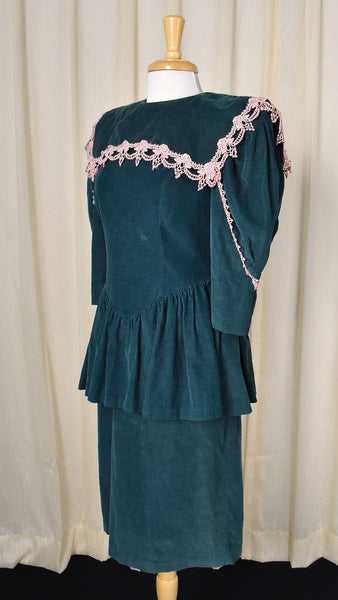 1980s Vintage Green Cord Peplum Dress Cats Like Us