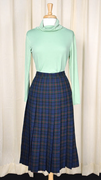 1980s Vintage Green Navy Pleated Skirt Cats Like Us